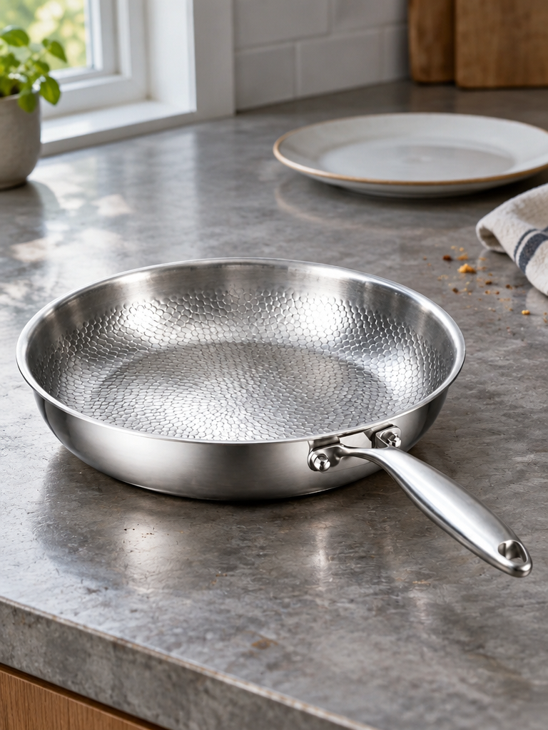 A real-kitchen side-profile photograph of the exact silver hammered-interior frying pan from the ref