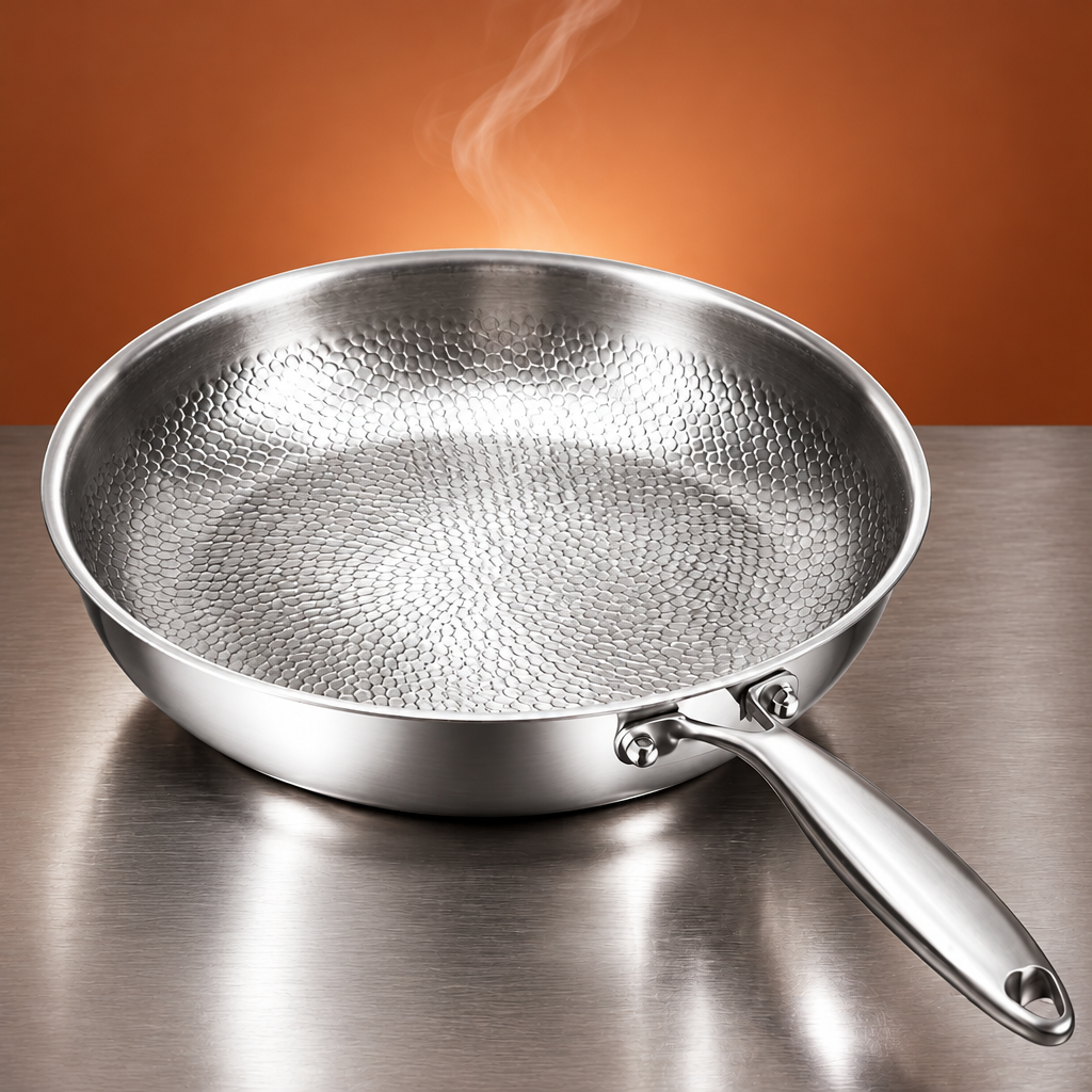 A constructed studio photograph of the exact complete silver frying pan from the reference, three-qu