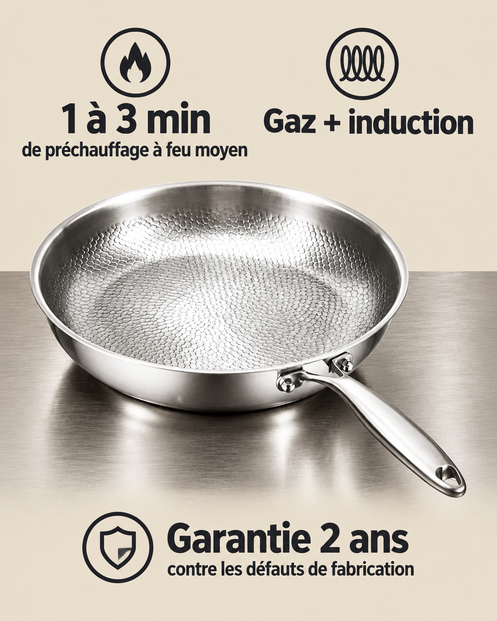 A practical French facts graphic on a uniform pale #EDE3D4 field. The exact silver hammered-interior