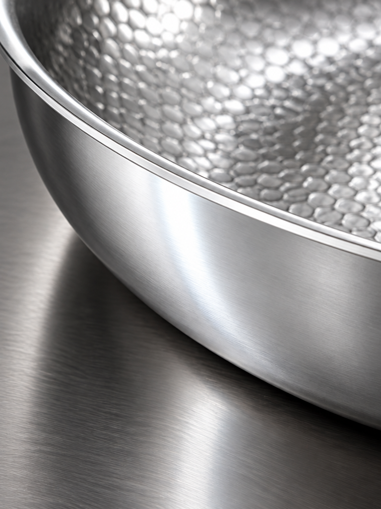 A close macro photograph of the exact pan’s visible outer wall and rolled rim from the reference, vi