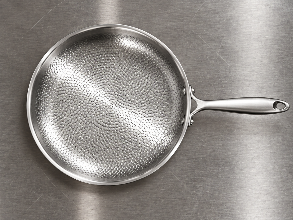 A distinct overhead photograph of the exact empty silver hammered-interior pan from the reference, s