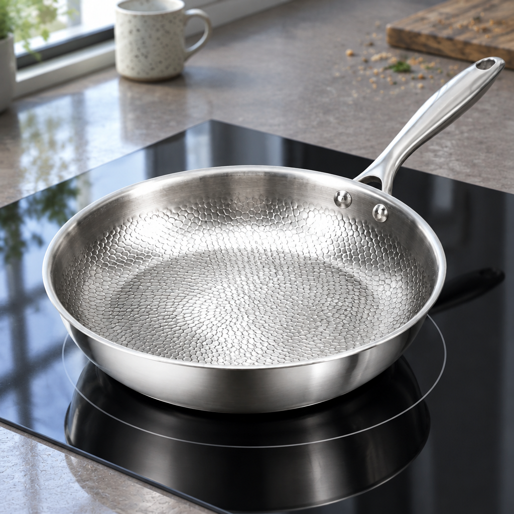 A close real-kitchen photograph of the exact silver hammered-interior pan from the reference resting